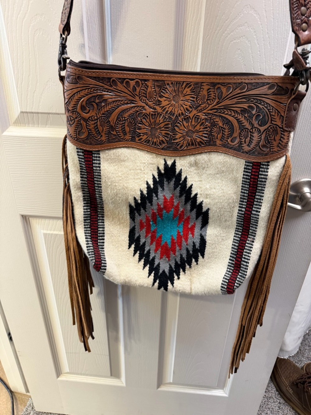 Boho Fringe Aztec Crossbody Bag with Tooled Leather Trim - Cream/Tan/Red/Black